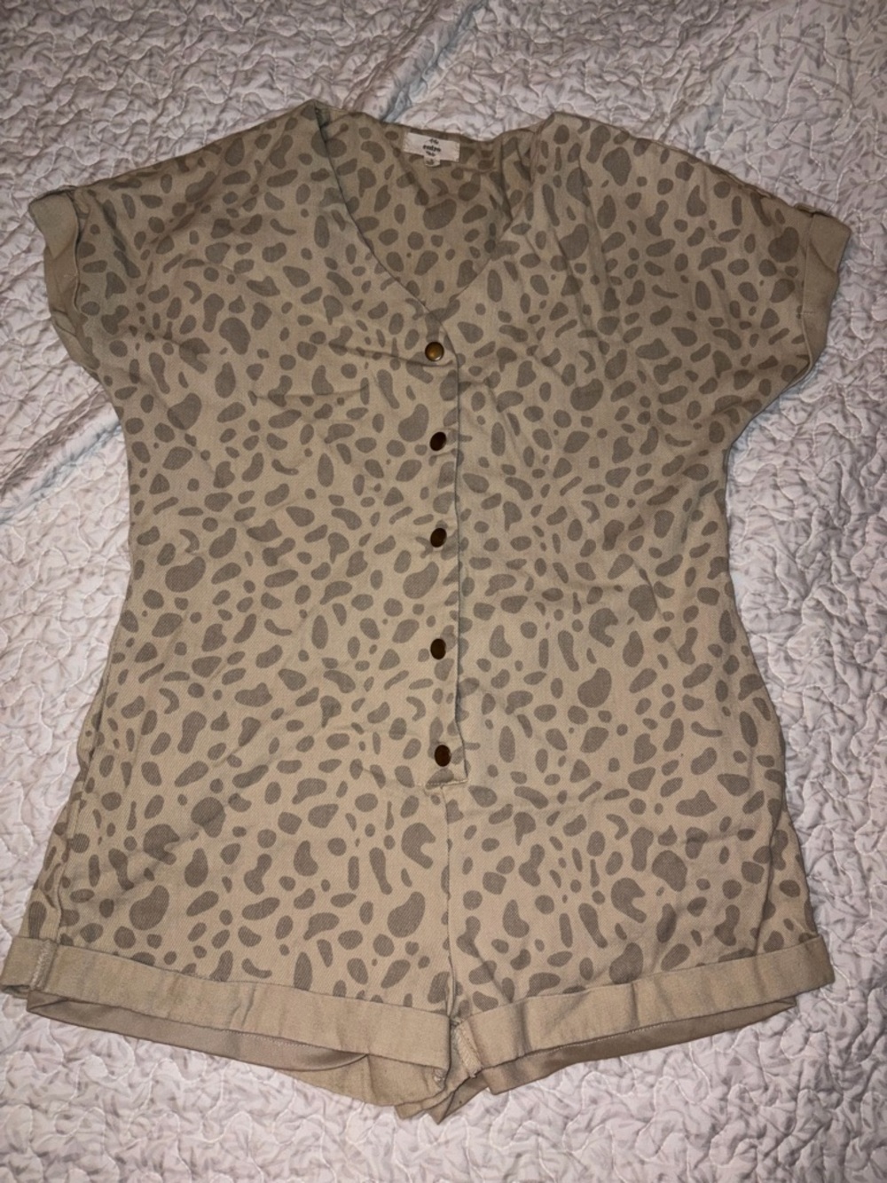 entro Beige Animal-Print Short Sleeve Button Romper